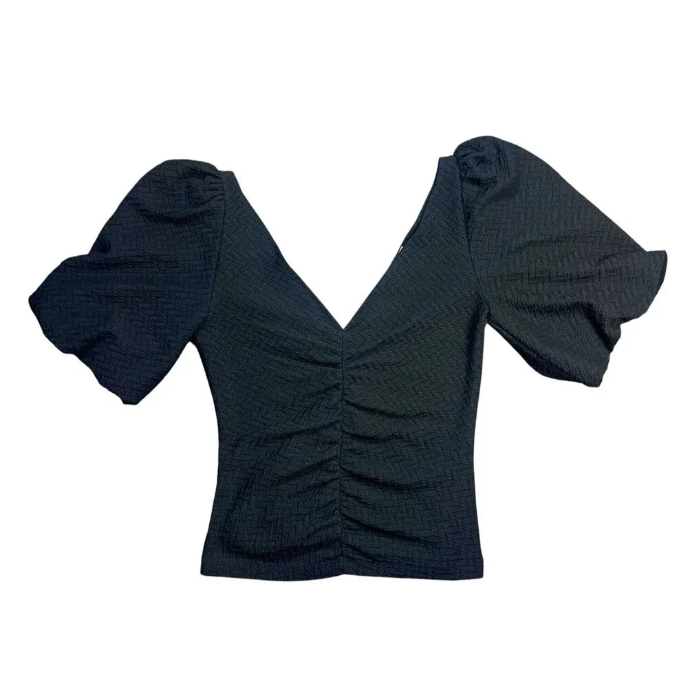 Free People Cupcake Black Ruched V Neck Puff Sleeve Boho Top Women’s Size Small